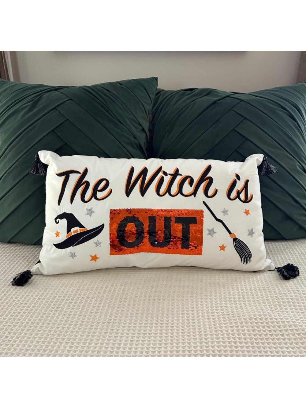 Isaac Mizrahi Halloween Throw Pillow ‘The Witch is In/Out” Flip Decor Festive